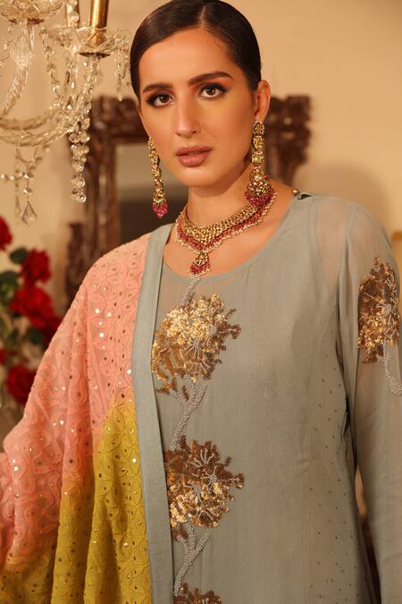 Ruh Clothing_Grey Georgette Round Chikankari Embroidered Kurta Set _at_Aza_Fashions
