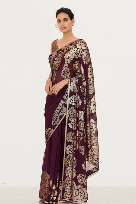 Nakul Sen_Purple Chiffon Embroidered Saree With Blouse_Online_at_Aza_Fashions