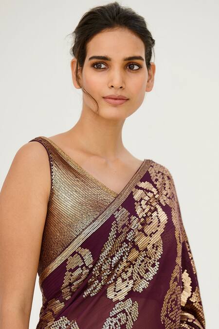 Buy_Nakul Sen_Purple Chiffon Embroidered Saree With Blouse_Online_at_Aza_Fashions