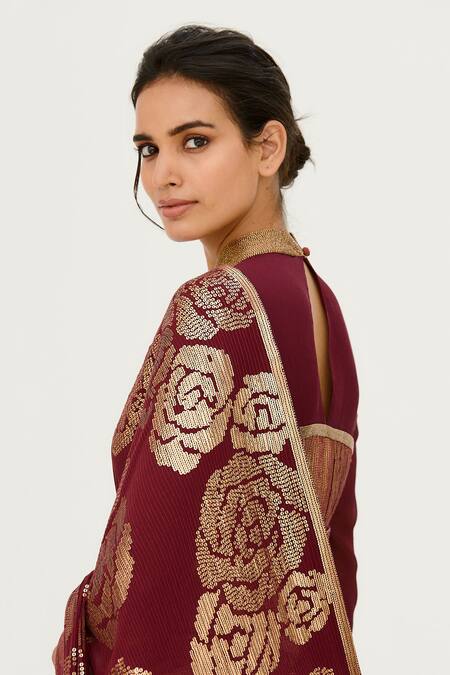 Shop_Nakul Sen_Purple Chiffon Embroidered Saree With Blouse_Online_at_Aza_Fashions