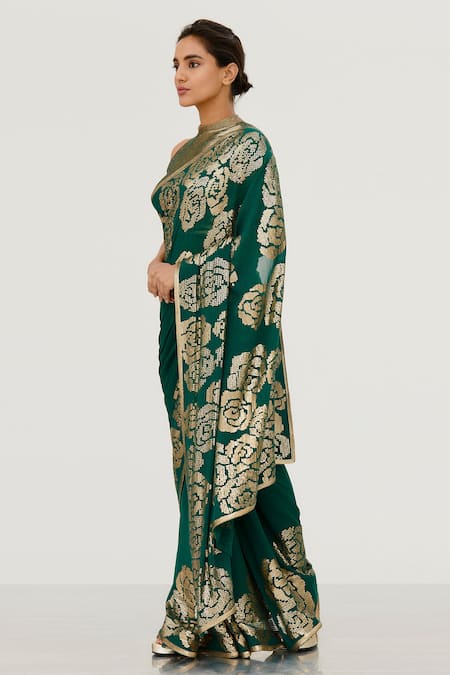 Nakul Sen Green Chiffon Embroidered Saree With Blouse 