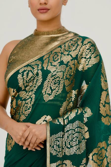 Buy_Nakul Sen_Green Chiffon Embroidered Saree With Blouse_Online_at_Aza_Fashions