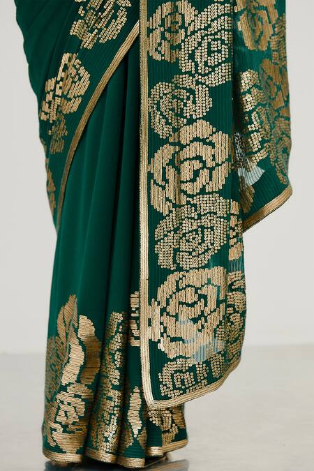 Shop_Nakul Sen_Green Chiffon Embroidered Saree With Blouse_Online_at_Aza_Fashions