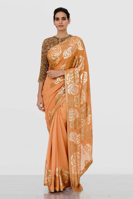Nakul Sen_Orange Chiffon Embroidered Saree With Blouse_Online_at_Aza_Fashions