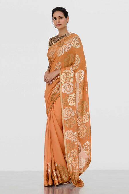 Buy_Nakul Sen_Orange Chiffon Embroidered Saree With Blouse_Online_at_Aza_Fashions