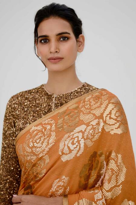 Shop_Nakul Sen_Orange Chiffon Embroidered Saree With Blouse_Online_at_Aza_Fashions
