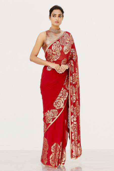 Nakul Sen_Red Chiffon Embroidered Saree With Blouse_Online_at_Aza_Fashions