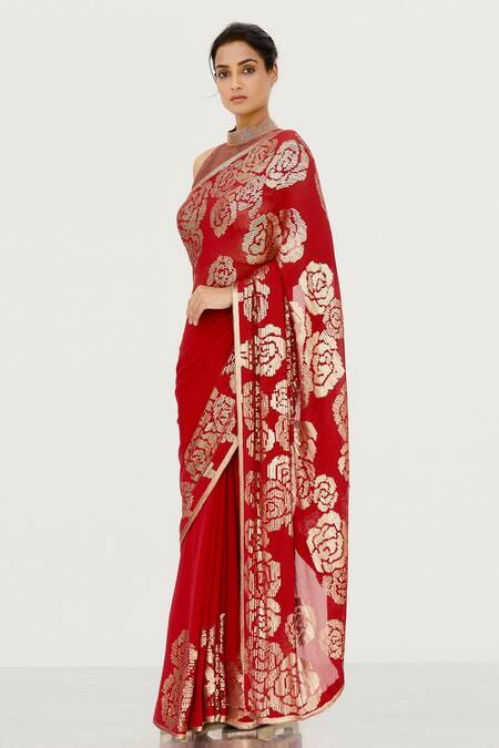 Buy_Nakul Sen_Red Chiffon Embroidered Saree With Blouse_Online_at_Aza_Fashions