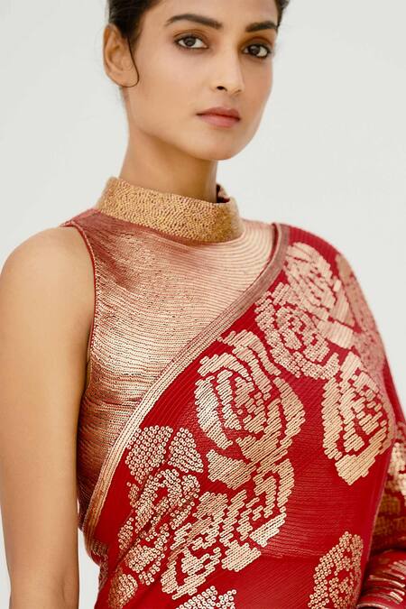 Shop_Nakul Sen_Red Chiffon Embroidered Saree With Blouse_Online_at_Aza_Fashions