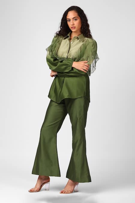 Sakshi Khetterpal_Green Chanderi Silk, Organza Embroidery Ruffle Shirt And Bell Bottom Pant Set _Online_at_Aza_Fashions