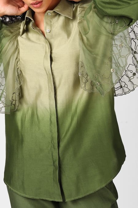 Buy_Sakshi Khetterpal_Green Chanderi Silk, Organza Embroidery Ruffle Shirt And Bell Bottom Pant Set _Online_at_Aza_Fashions