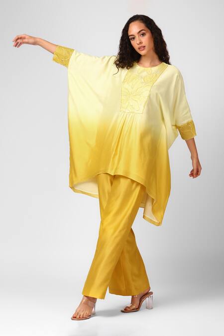 Sakshi Khetterpal_Yellow Chanderi Silk Embroidery Round Neck Ombre Kaftan And Pant Set _Online_at_Aza_Fashions