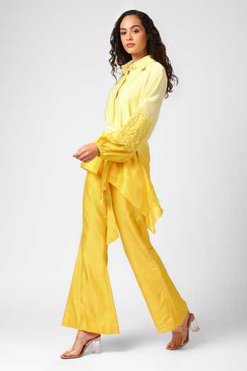 Sakshi Khetterpal Yellow Chanderi Silk Embroidery Collared Ombre Shirt And Pant Set Online at Aza Fashions Sakshi Khetterpal_Yellow Chanderi Silk Embroidery Collared Ombre Shirt And Pant Set _Online_at_Aza_Fashions