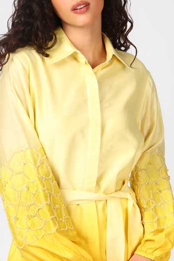 Buy Sakshi Khetterpal Yellow Chanderi Silk Embroidery Collared Ombre Shirt And Pant Set Online at Aza Fashions Buy_Sakshi Khetterpal_Yellow Chanderi Silk Embroidery Collared Ombre Shirt And Pant Set _Online_at_Aza_Fashions