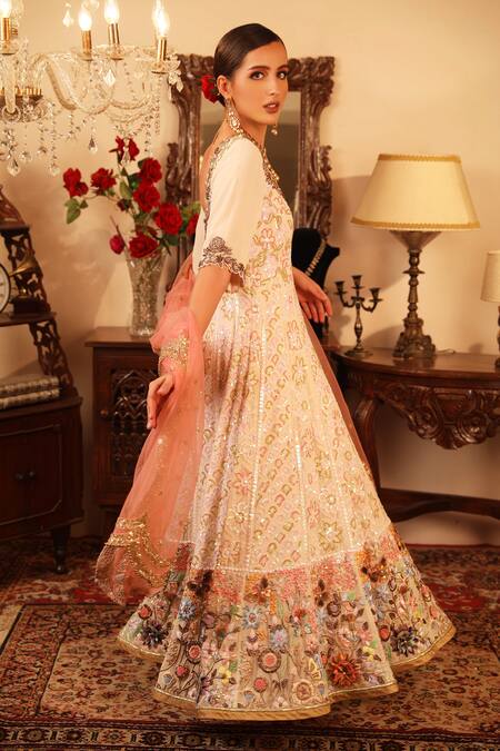 Ruh Clothing_White Georgette Round Chikankari Embroidered Anarkali Set _Online_at_Aza_Fashions