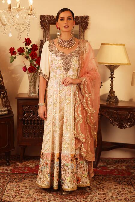 Buy_Ruh Clothing_White Georgette Round Chikankari Embroidered Anarkali Set _Online_at_Aza_Fashions