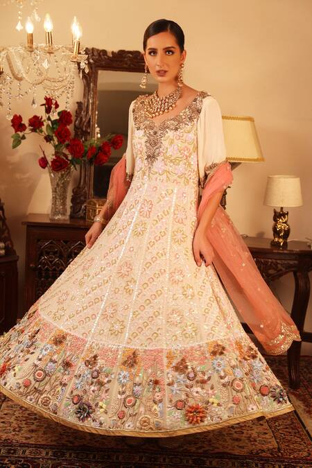 Shop_Ruh Clothing_White Georgette Round Chikankari Embroidered Anarkali Set _Online_at_Aza_Fashions