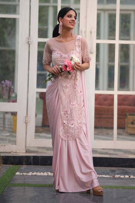 Buy House Of Tushaom Pink Lycra Embroidery Sequin Boat Neck Pre-draped Saree With Blouse Online at Aza Fashions Buy_House Of Tushaom_Pink Lycra Embroidery Sequin Boat Neck Pre-draped Saree With Blouse _Online_at_Aza_Fashions