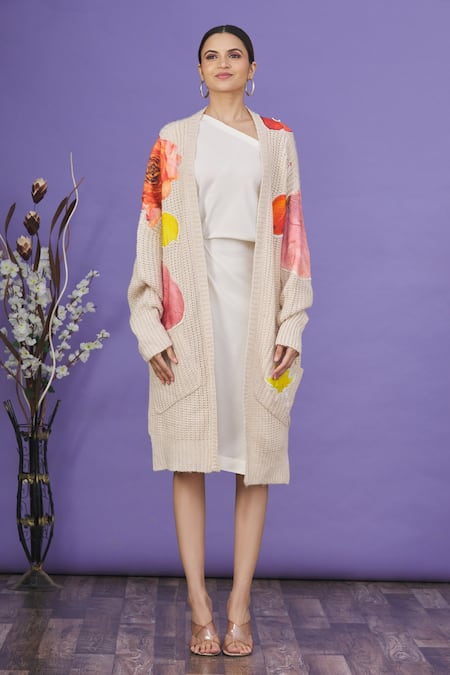 Aartivijay Gupta_Beige Floral Patchwork Cardigan  _Online_at_Aza_Fashions