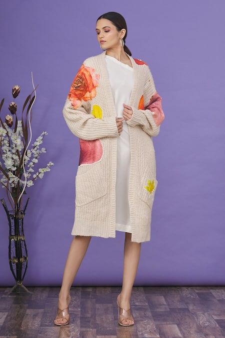 Buy_Aartivijay Gupta_Beige Floral Patchwork Cardigan  _Online_at_Aza_Fashions