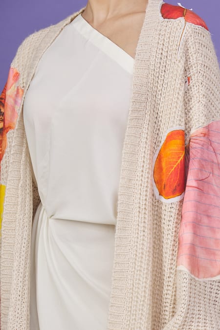 Shop_Aartivijay Gupta_Beige Floral Patchwork Cardigan  _Online_at_Aza_Fashions