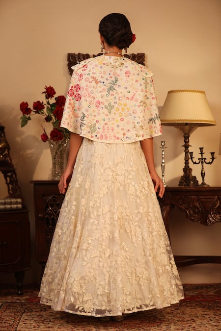 Shop_Ruh Clothing_White Georgette, Sheer Round Embroidered Anarkali And Cape Set _at_Aza_Fashions