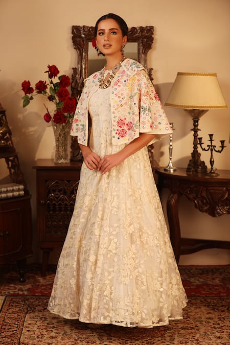 Ruh Clothing_White Georgette, Sheer Round Embroidered Anarkali And Cape Set _Online_at_Aza_Fashions