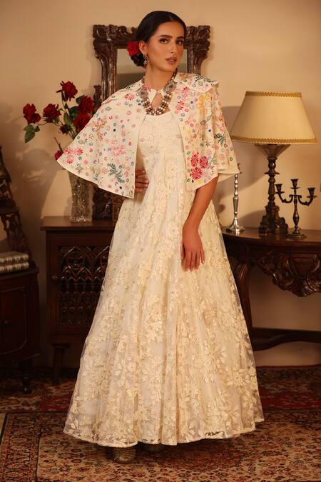 Buy_Ruh Clothing_White Georgette, Sheer Round Embroidered Anarkali And Cape Set _Online_at_Aza_Fashions