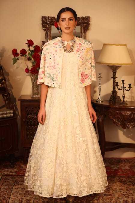 Shop_Ruh Clothing_White Georgette, Sheer Round Embroidered Anarkali And Cape Set _Online_at_Aza_Fashions
