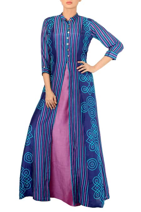 Soup By Sougat Paul_Blue Ink Printed Jacket With Purple Maxi Dress _Online_at_Aza_Fashions
