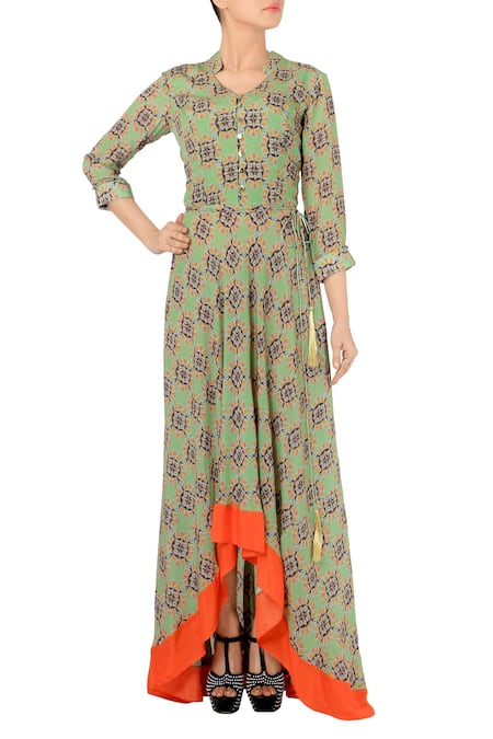 Soup by Sougat Paul Fern green & orange geormetric printed maxi dress 