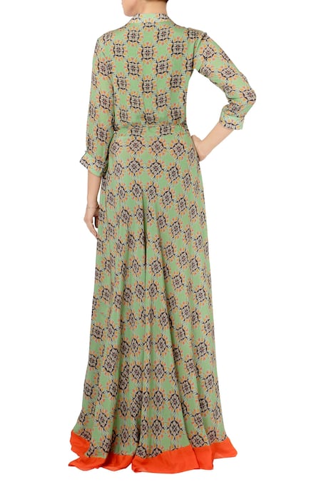 Soup By Sougat Paul Fern green & orange geormetric printed maxi dress 