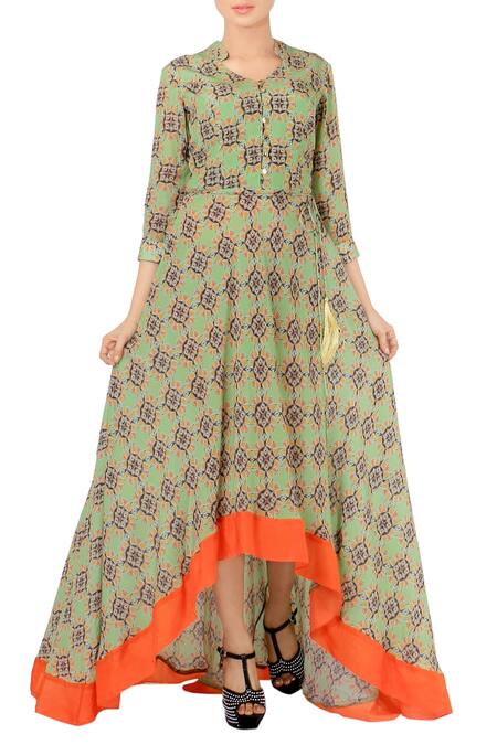 Soup By Sougat Paul_Green Fern And Orange Geormetric Printed Maxi Dress _Online_at_Aza_Fashions