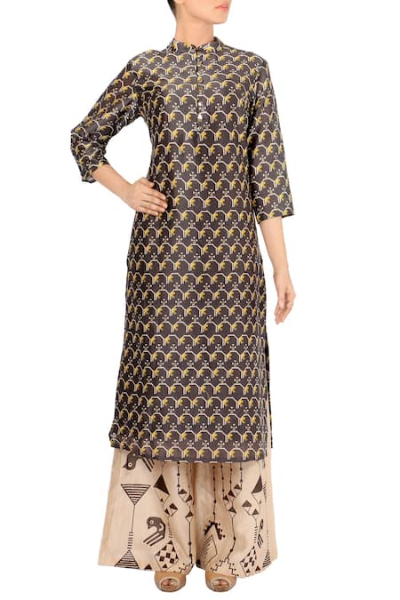 Soup by Sougat Paul Brown Black And Beige Printed Chanderi Silk Kurta Set  