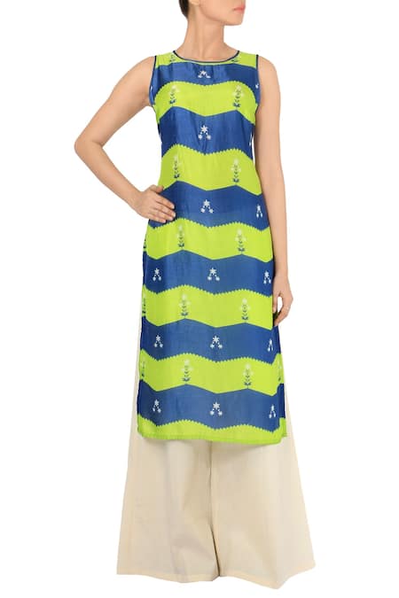 Soup by Sougat Paul Blue Green And Zigzag Printed Tunic With Off White Palazzos For Women