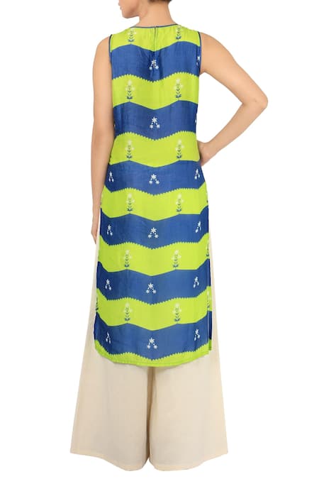 Soup By Sougat Paul Green & blue zigzag printed tunic with off white palazzos 