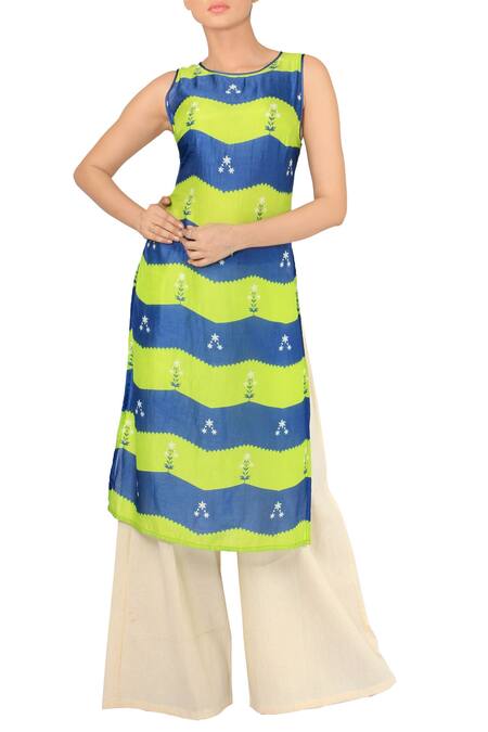 Soup By Sougat Paul_Blue Green And Zigzag Printed Tunic With Off White Palazzos _Online_at_Aza_Fashions