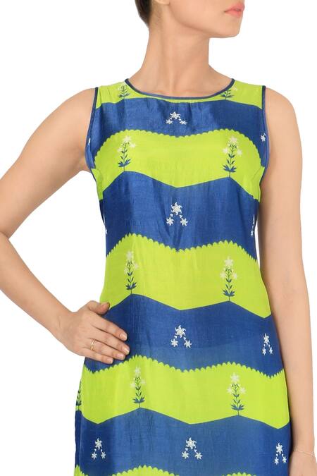 Buy_Soup By Sougat Paul_Blue Green And Zigzag Printed Tunic With Off White Palazzos _Online_at_Aza_Fashions