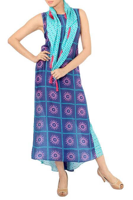 Soup By Sougat Paul_Blue Cotton Silk Round Printed Dress With Scarf _Online_at_Aza_Fashions