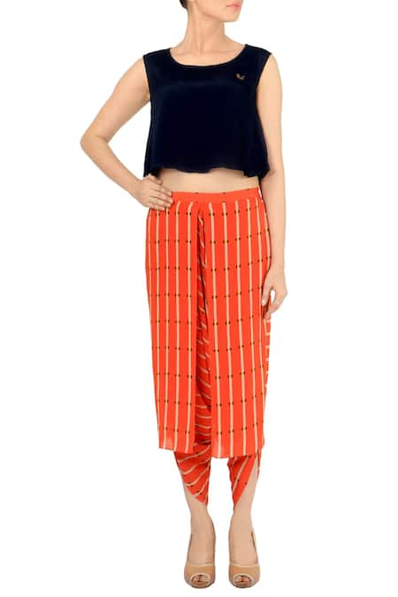 Soup by Sougat Paul Black crop top with orange printed dhoti pants 