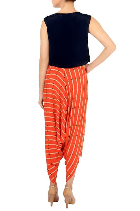 Soup By Sougat Paul Black crop top with orange printed dhoti pants 
