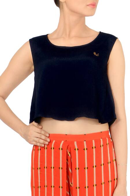 Buy_Soup By Sougat Paul_Black Crop Top With Orange Printed Dhoti Pants _Online_at_Aza_Fashions