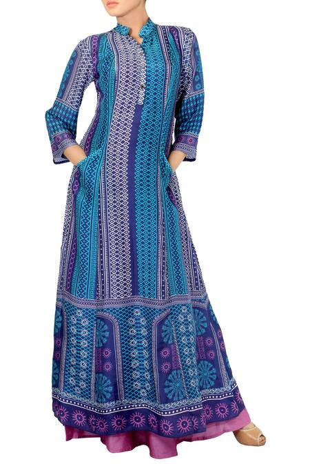 Soup By Sougat Paul_Blue Chanderi Silk Mandarin Collar Dress With Inner _Online_at_Aza_Fashions