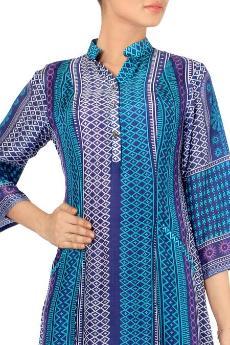 Buy Soup By Sougat Paul Blue Chanderi Silk Mandarin Collar Dress With Inner Online at Aza Fashions Buy_Soup By Sougat Paul_Blue Chanderi Silk Mandarin Collar Dress With Inner _Online_at_Aza_Fashions