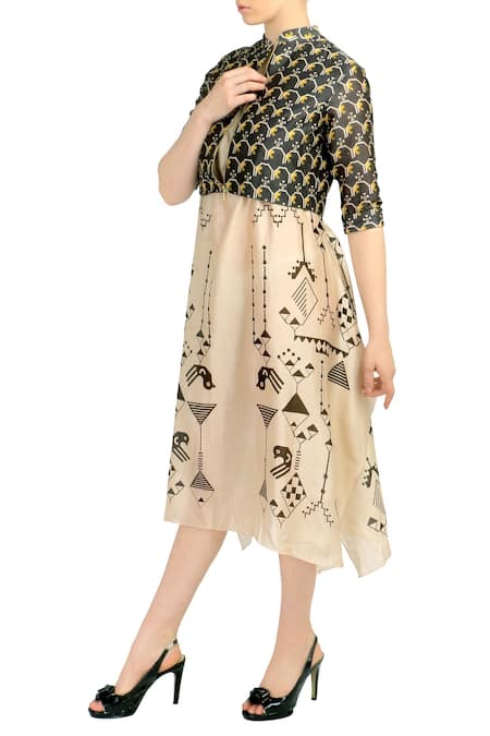 Soup By Sougat Paul_Beige Chanderi Silk Chinese Collar Printed Maxi Dress With Jacket _Online_at_Aza_Fashions
