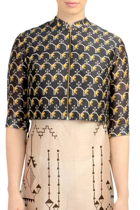 Buy Soup By Sougat Paul Beige Chanderi Silk Chinese Collar Printed Maxi Dress With Jacket Online at Aza Fashions Buy_Soup By Sougat Paul_Beige Chanderi Silk Chinese Collar Printed Maxi Dress With Jacket _Online_at_Aza_Fashions