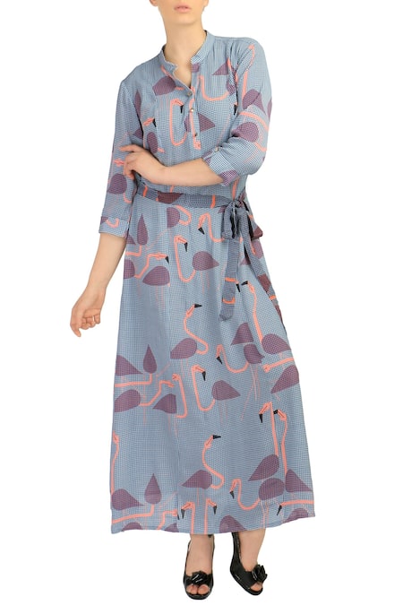 Soup By Sougat Paul_Blue Moss Crepe Mandarin Collar Printed Maxi Dress With Belt _Online_at_Aza_Fashions
