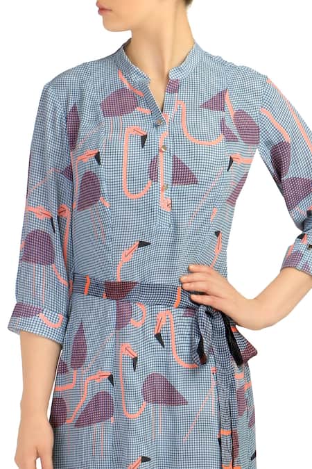 Buy_Soup By Sougat Paul_Blue Moss Crepe Mandarin Collar Printed Maxi Dress With Belt _Online_at_Aza_Fashions