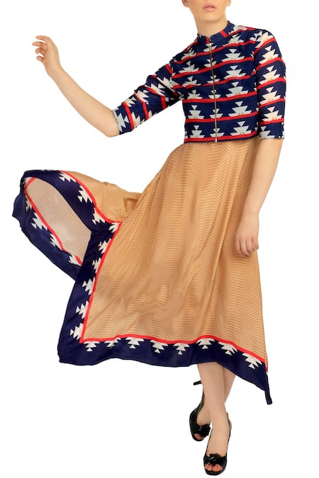 Soup By Sougat Paul_Blue Crepe Mandarin Collar Printed Dress _Online_at_Aza_Fashions