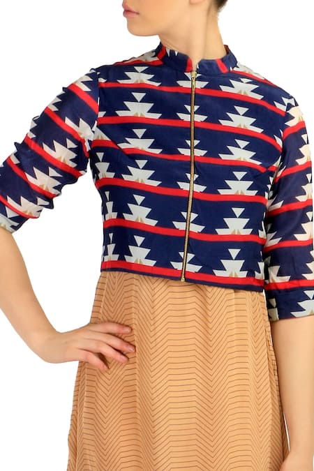 Buy Soup By Sougat Paul Blue Crepe Mandarin Collar Printed Dress Online at Aza Fashions Buy_Soup By Sougat Paul_Blue Crepe Mandarin Collar Printed Dress _Online_at_Aza_Fashions